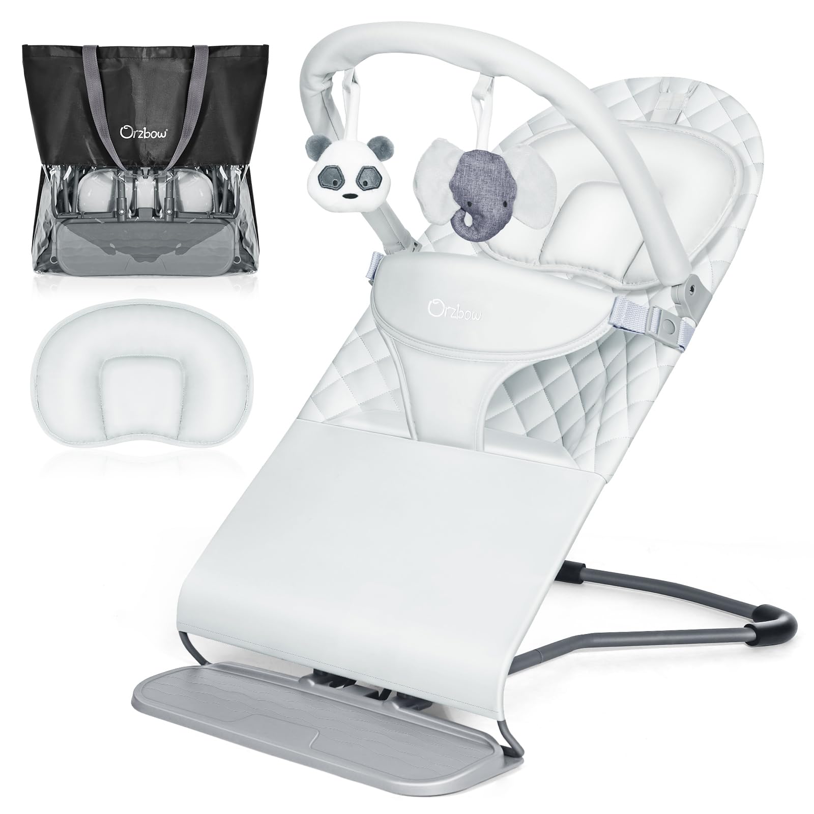 Orzbow Klappbar Babywippe, Tragbarkeit Baby Bouncer für Außenaktivitäten, Verstaubar Baby Wippe mit Spielbogen, 3 Einstellbar Positionen, bis zu 9 Kg, 0-12 Monate, Grau