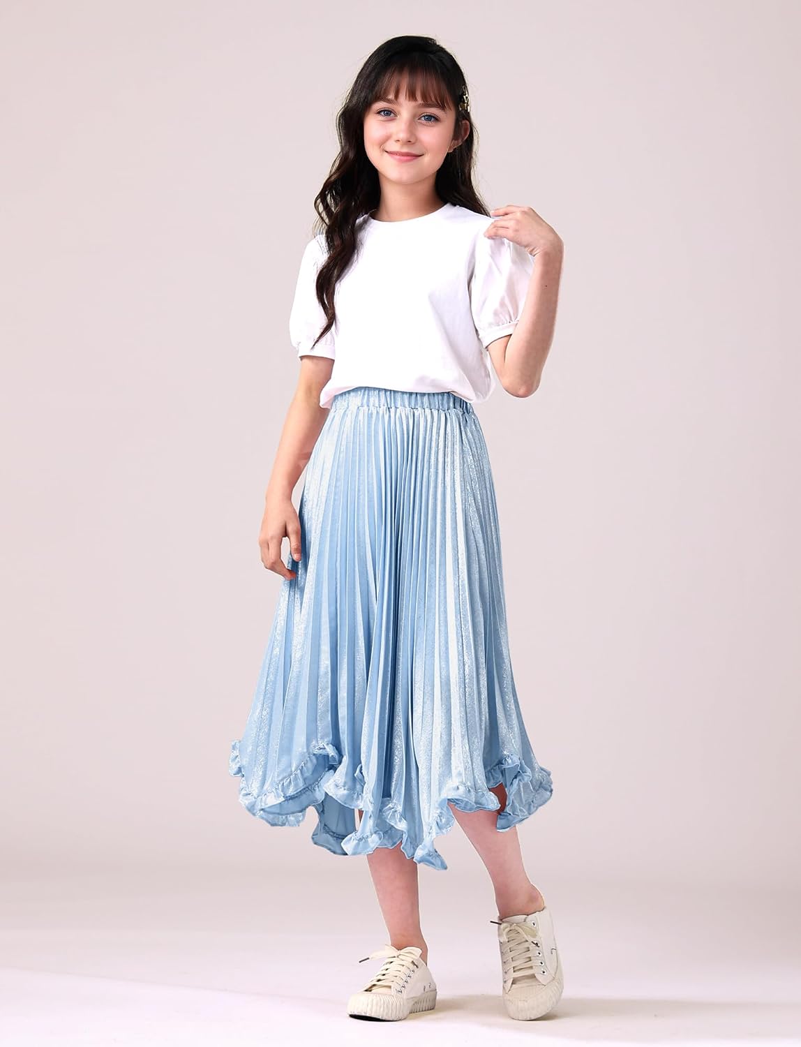 Happy Cherry Pleated Skirt for Girls High Waist Elastic A-Line Boho Swing Maxi Long Skirt