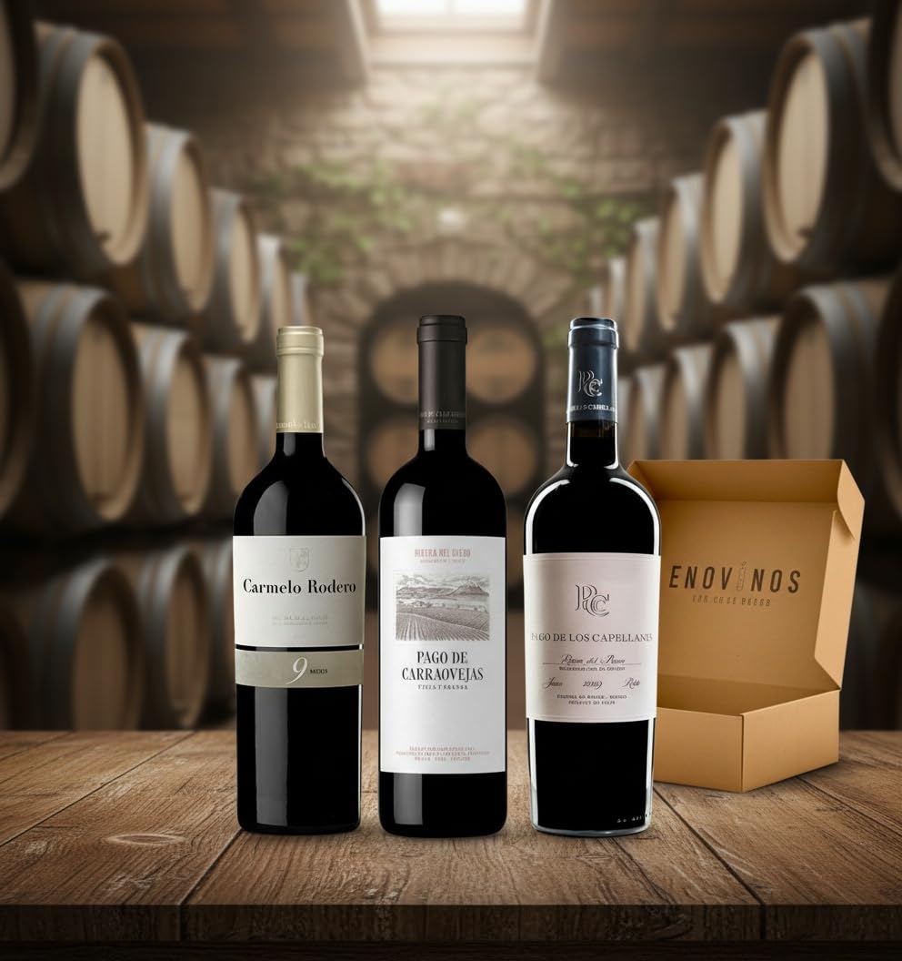 Pack Vinos Ribera del Duero - Envio 24h - Vinos Regalo - 3 x Botella 75 cl - Carmelo Rodero 9 Meses, Pago de Carraovejas, Pago de los Capellanes Roble - Mejor Seleccion ENOVINOS THE WINE BRAND