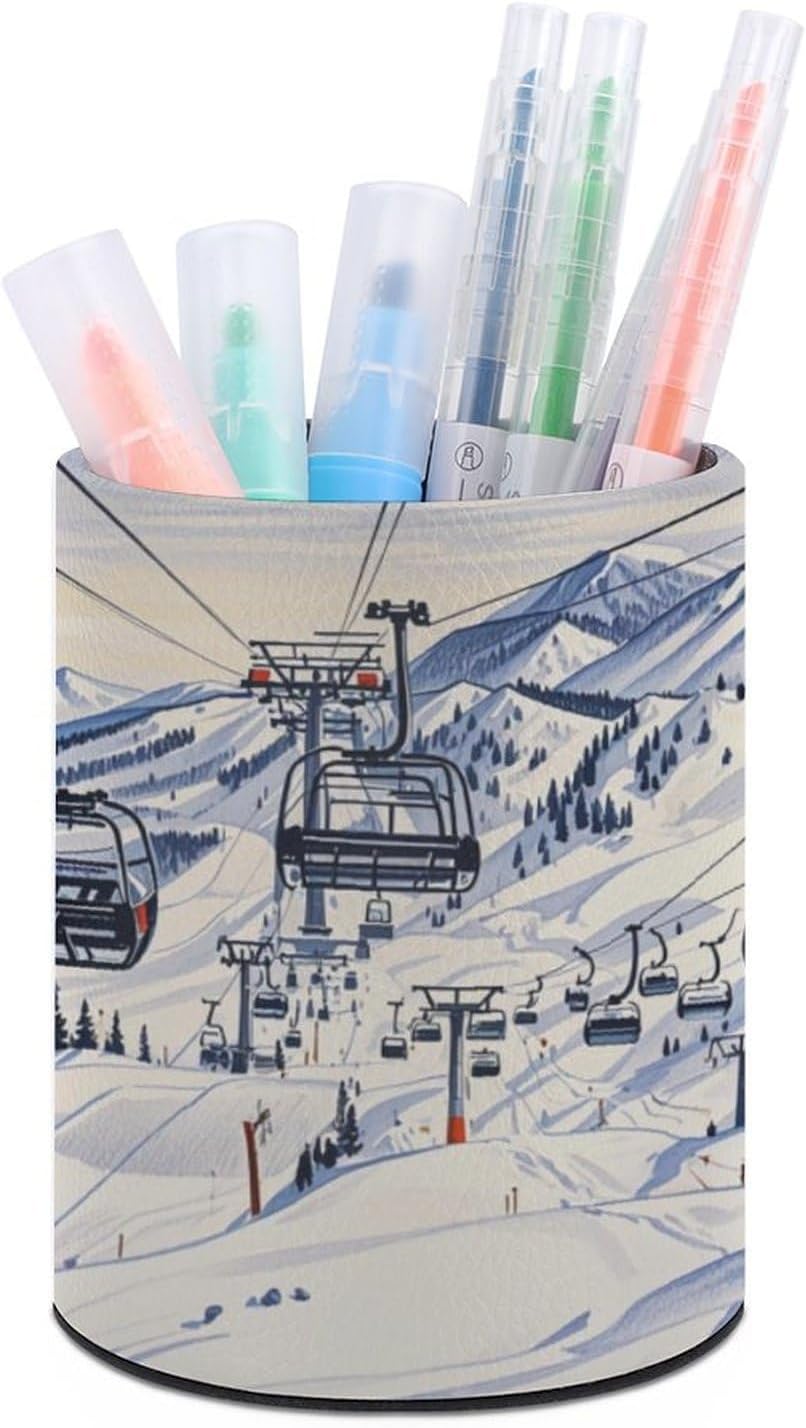 PU Leather Pen Holder Mount Horsney Ski Lift Office Desk Organizer