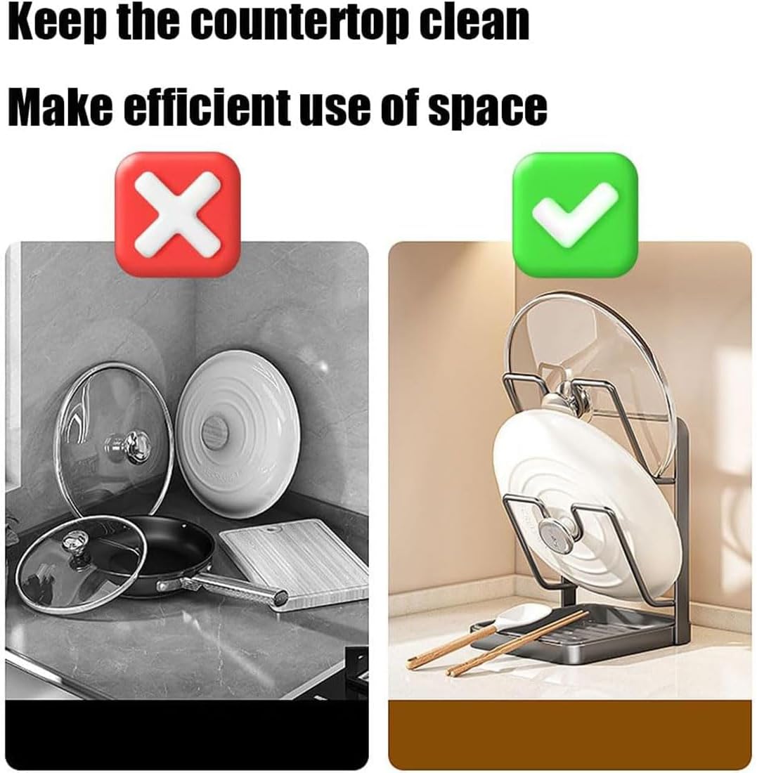 GDSAFS Kitchen Pot Lid Storage Rack, Pot Lid Holder With Tray, Lid Holder While Cooking, Lid And Spoon Rest, Multifunctional Kitchen Organizer Stand for Stove Top (Gray, Double-layer) - Image 3