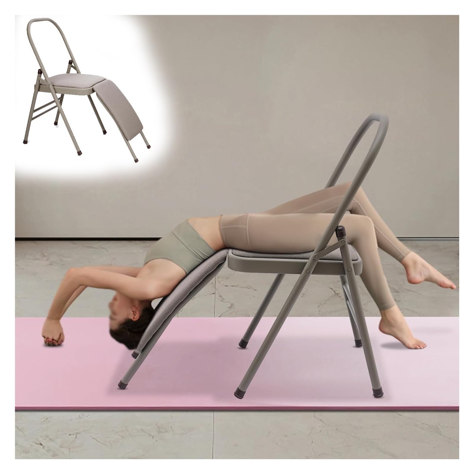 MZZKFC Gray Double Beam Yoga Equipment with Detachable Waist Support, Foldable Yoga Chair with Foot Pads, Yoga Auxiliary Chair for Waist/Leg & Hip Exercise