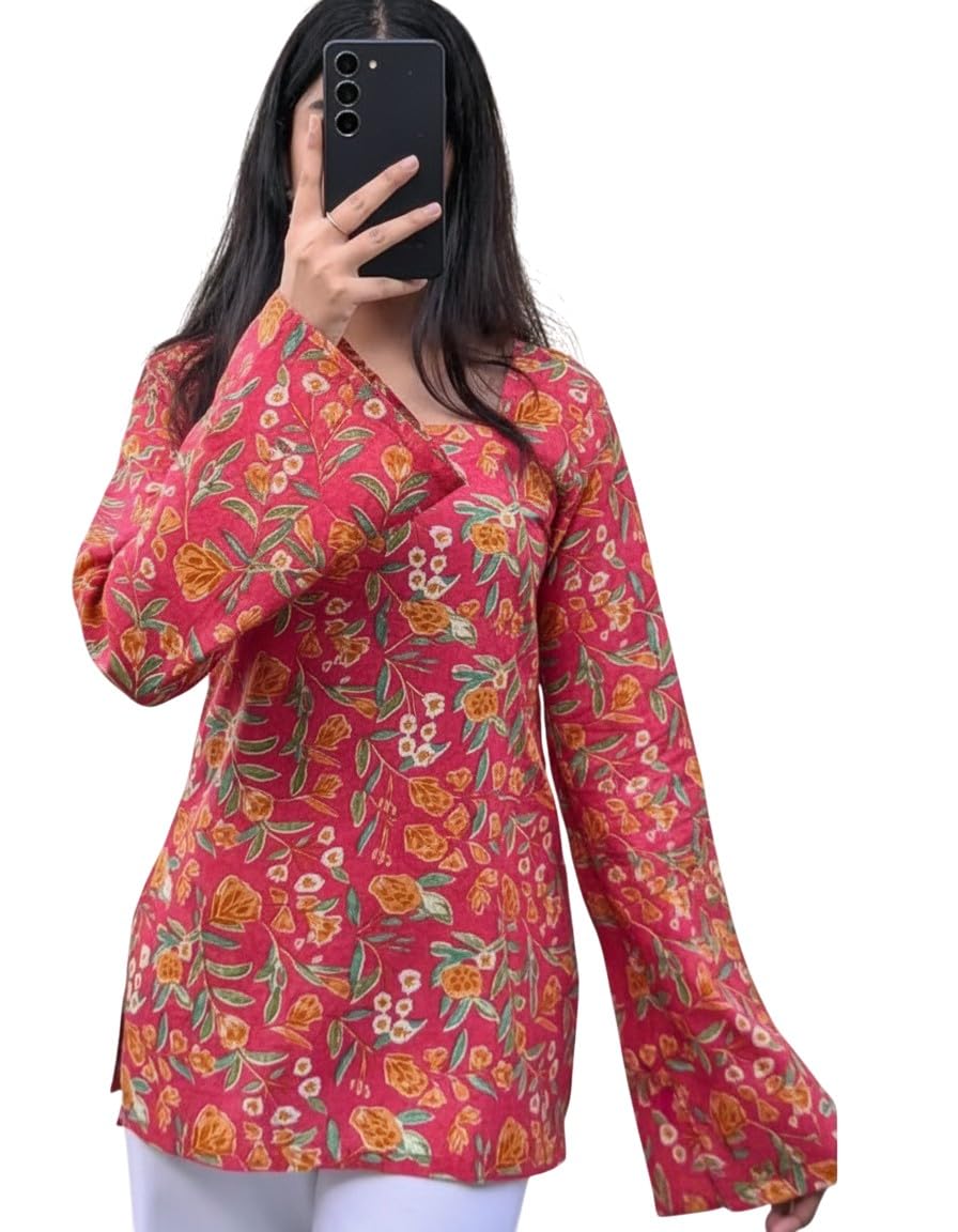 Jaipur Tales Women’s Cotton Jaipuri Printed Kurti | Floral Handblock Design | Full Bell Sleeves | Casual & Office Wear Straight Kurta Top for Women