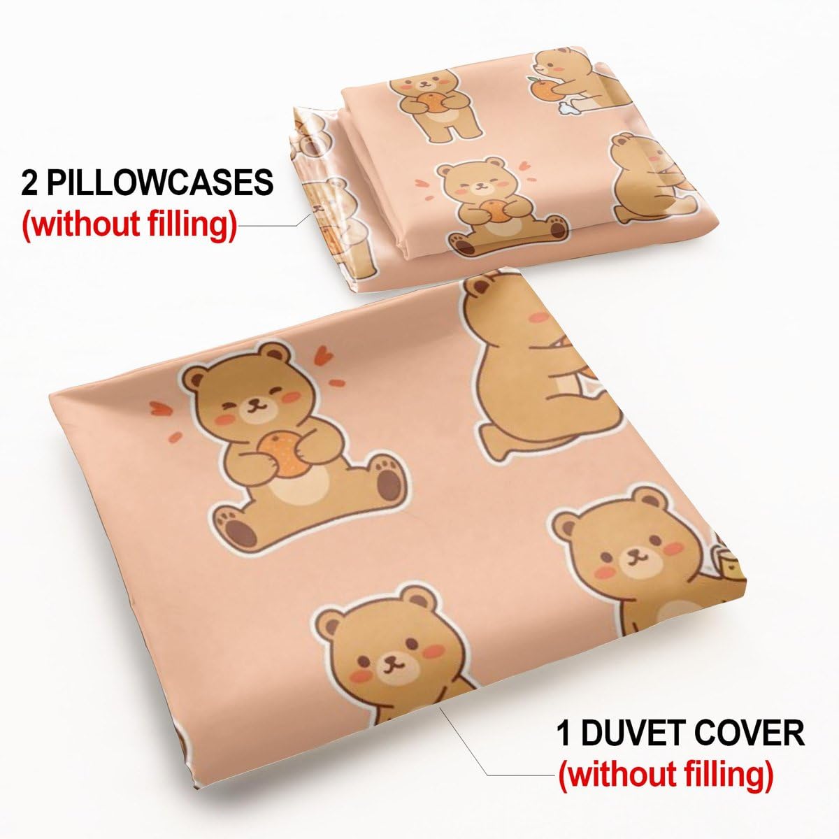 Juego de funda de edredón con diseño de oso kawaii, ropa de cama de matrimonio, color marrón y naranja, ropa de cama suave con fundas de almohada (05, tamaño King 240 x 220 cm + 65 x 65 cm x 2)