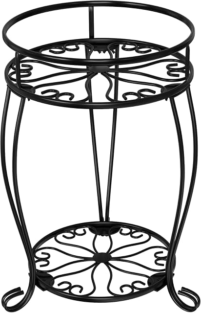 Lewondr Metal Plant Stand, 2-Tier 11.8 Inch Tall Rustproof Plant Holder for Indoor Outdoor Flower Pot Planter, Heavy Duty Iron Potted Display Rack Support for Flowerpot Home Garden Corner Porch, Black