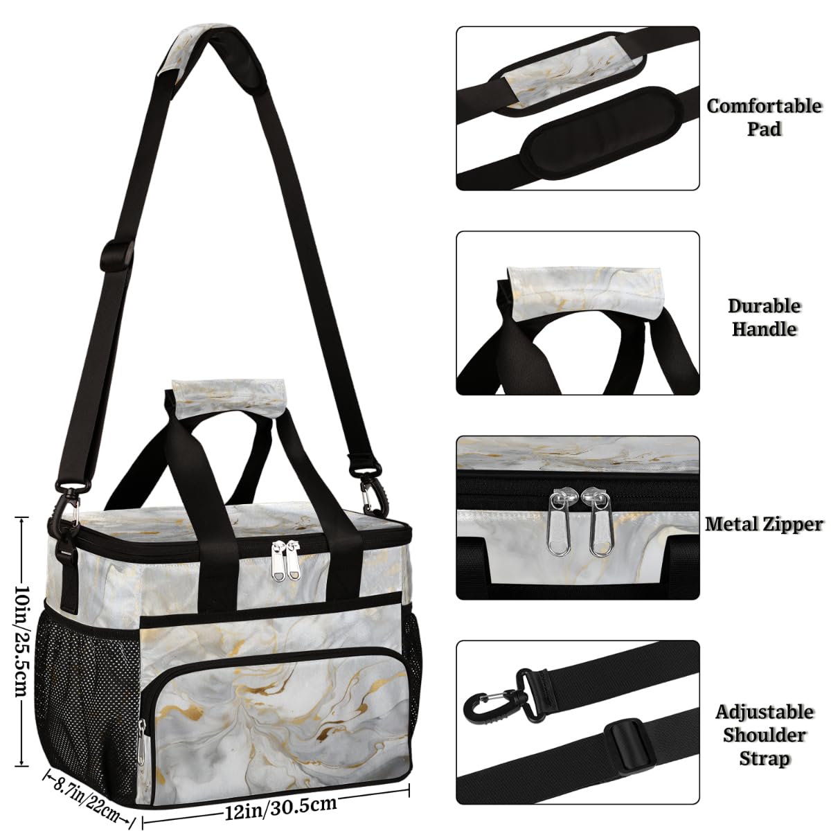 White Gold Marble Insulated Picnic Backpack Lunch Box for Women Men Picnic Basket Tote Lunch Bag Picnic Bag Portable Lunch Bags for Picnic, Beach, Work, Trip,Office, Camp Marble Liquid Texture