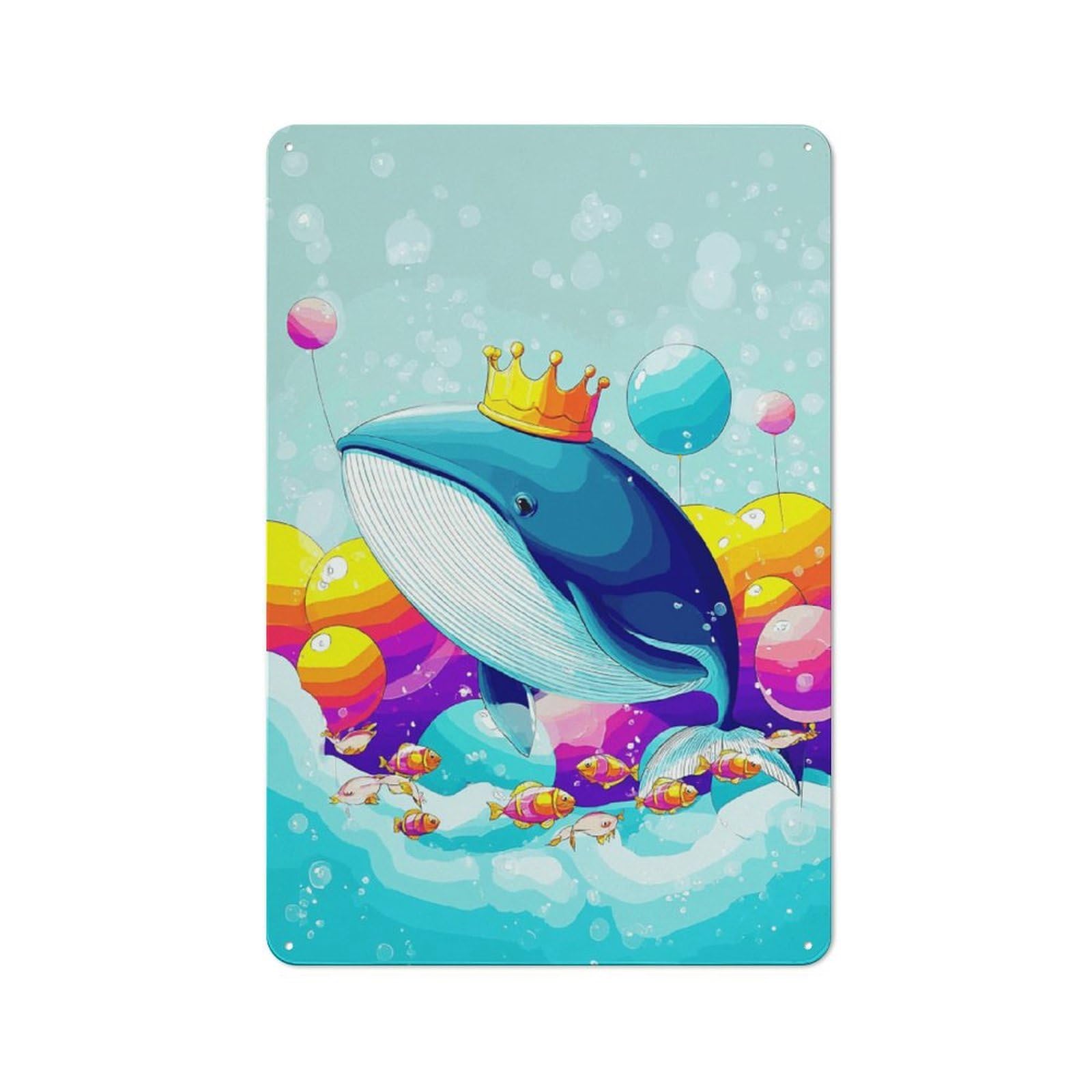 Junmoney Whale With Crown In Rainbow Sea Modern Retro Metal Wall Decor 30X20cm, Metal Wall Sign For Loft, Studio, Office Or Creative Room