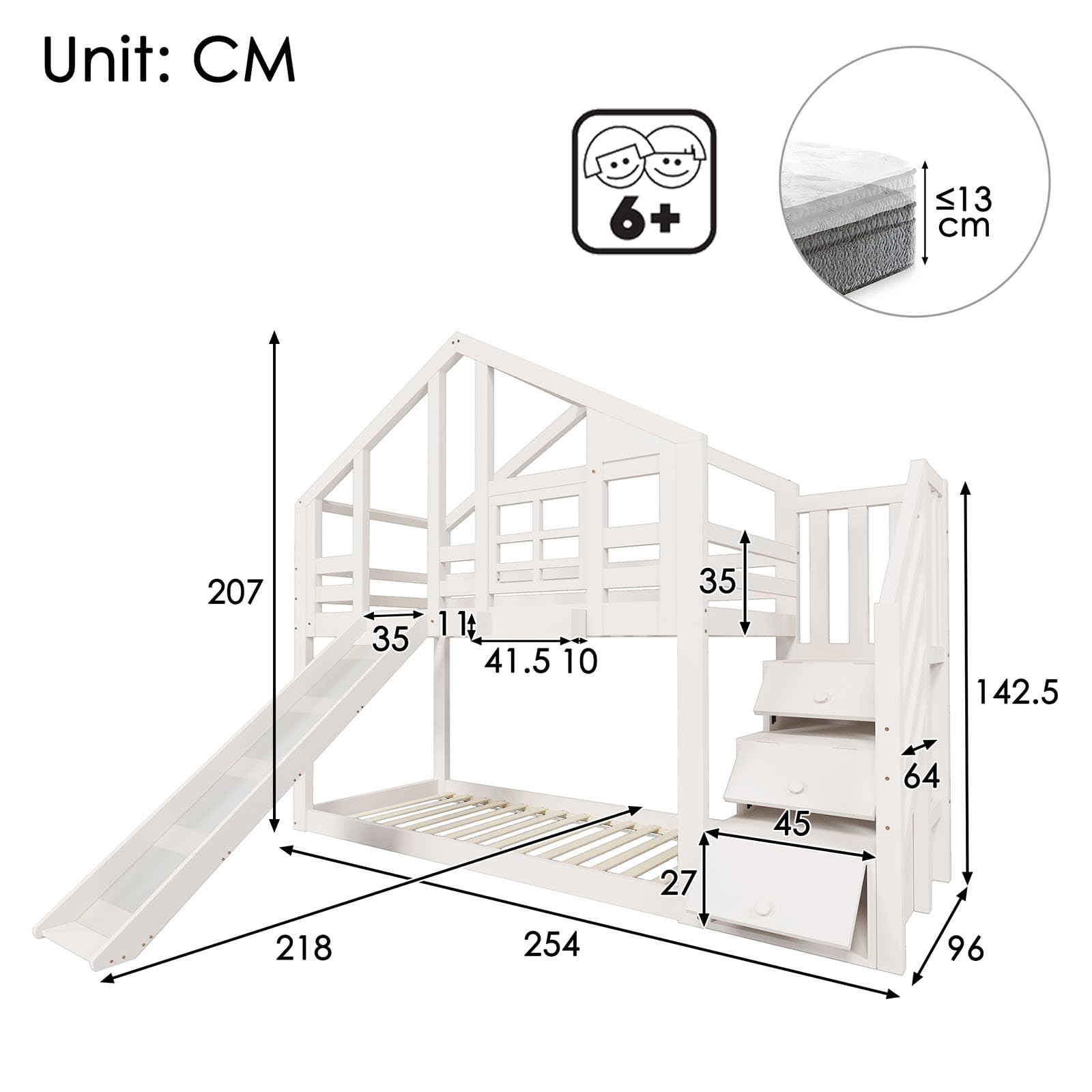 Lit Enfant, lit superposé, lit Triple, 90 x 200 cm, avec Toboggan et échelle, Toit au Design Unique, lit supérieur avec Espace de Rangement, pin et MDF (Blanc-C, 90×200 CM)