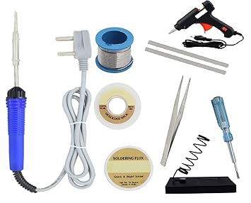 Aldeco Soldering Iron Kit, (9 in 1) Full Set 25W 110V Soldering Welding Iron Kit With Soldering iron, Wire, Flux, Wik, Stand, Glue Gun with 2 sticks,Tweezer, Tester