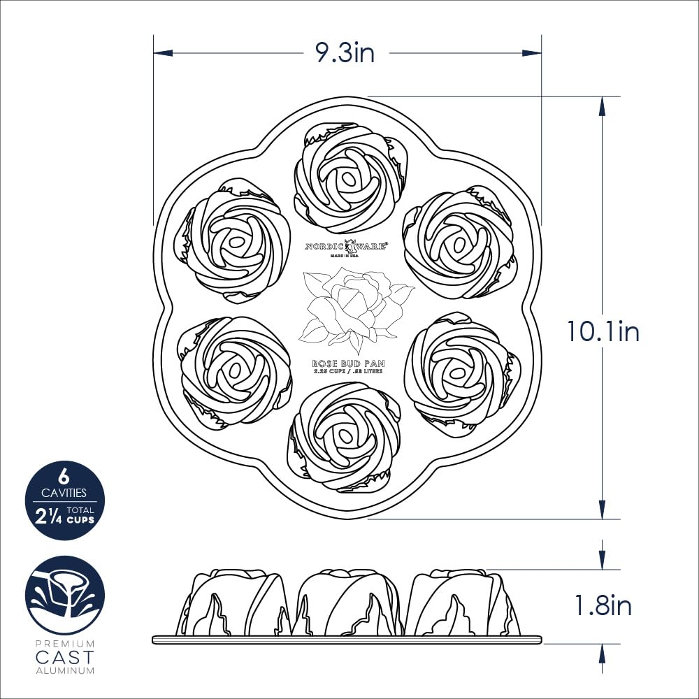 Nordic Ware Molde para tartas con diseño de rosas, bandeja de repostería de aluminio con motivos florales, para 6 tartas pequeñas, antiadherente, fabricado en EE. UU., color: toffee