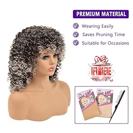 YEAME Curly Wigs for White Women - Kinky Curly Afro Wig with Bangs Ombre Gray Color Synthetic Mixed Wigs with 1 Wig Comb and 4pcs Wig Caps
