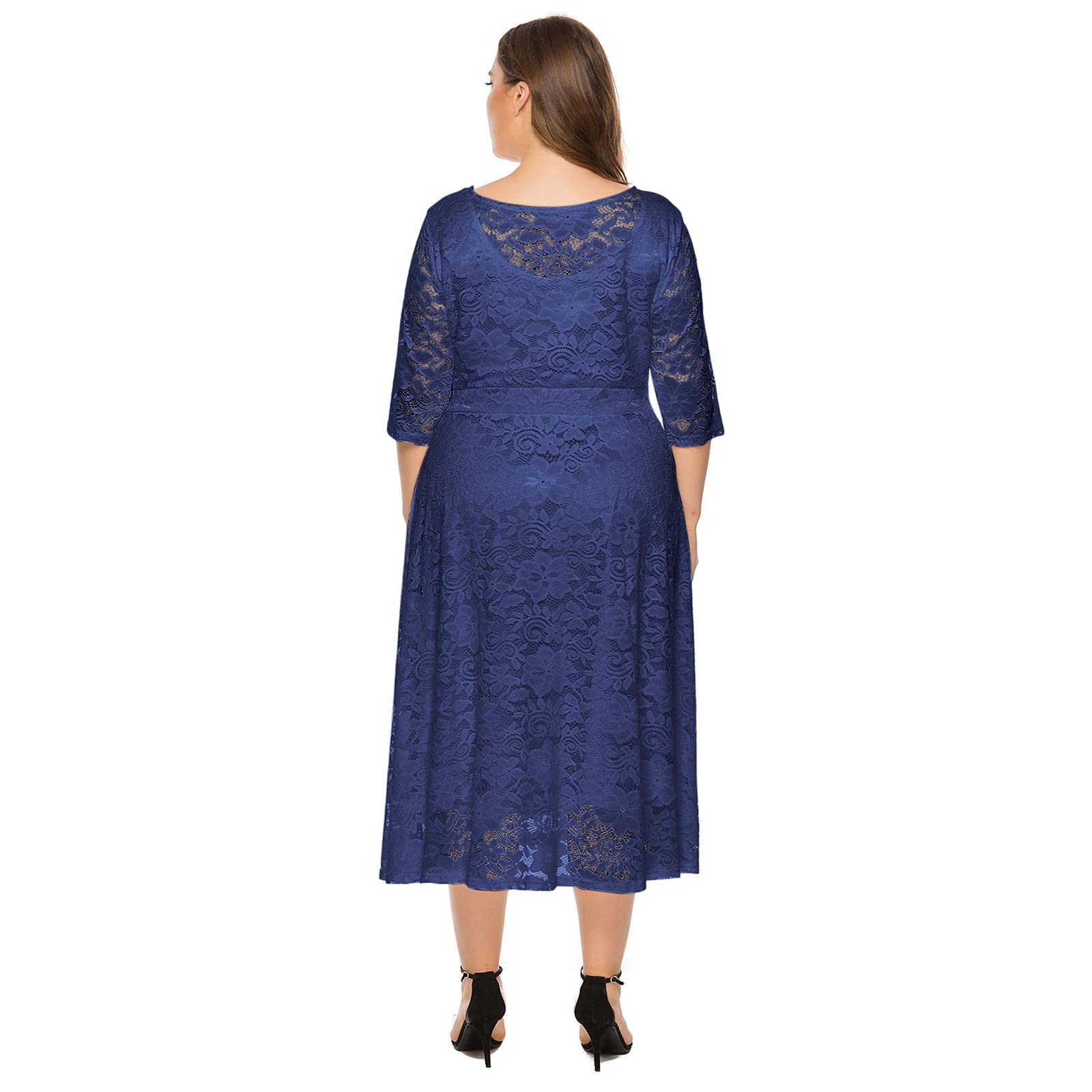 Odizli Damen Elegant 3/4 Ärmel Spitzenkleid Hochzeit Festlich Coctailkleid Abendkleid Große Größen