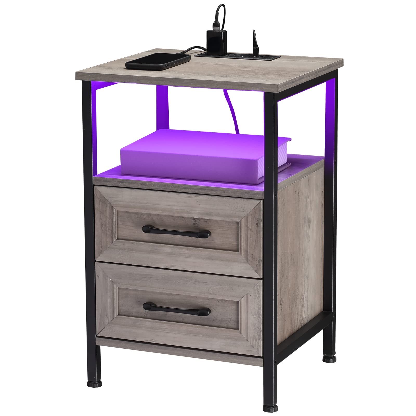 HOSEOKA Grey Nightstand with Charging Station and RGB Lights, Night