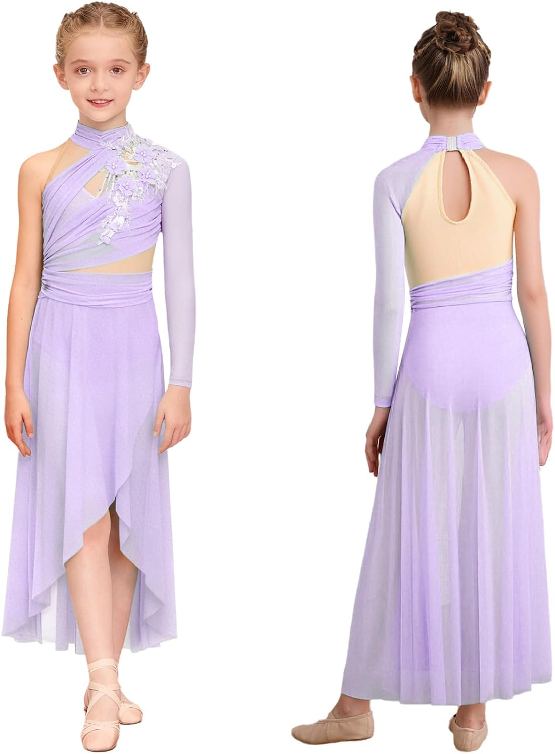 Child Girls Ballet Leotard Dress Ballroom Dancing Clothes Irregular Skirt High-Low Lyrical Dance Costume