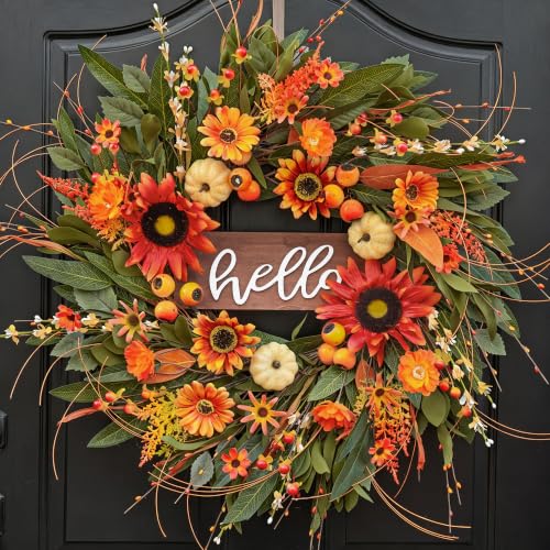 24 Inch Fall Wreaths for Front Door Outside- Pinkpuii Artificial Autumn Wreath with Sunflowers,Pumpkins & “Hello” Sign– Lifelike Silk Thanksgiving Harvest Wreath- Indoor Outdoor Farmhouse Home Decor