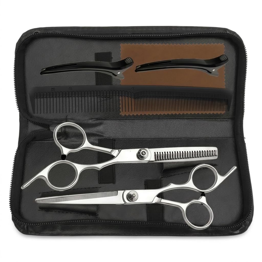 Dog Grooming Scissors Kit with Storage Bag, Pet Hair Cutting Scissors Set with Thinning Shears and Straight Scissors, Grooming Comb, 2 Hair Clips and Cleaning Cloth, Dog Supplies Grooming Kit for Pet
