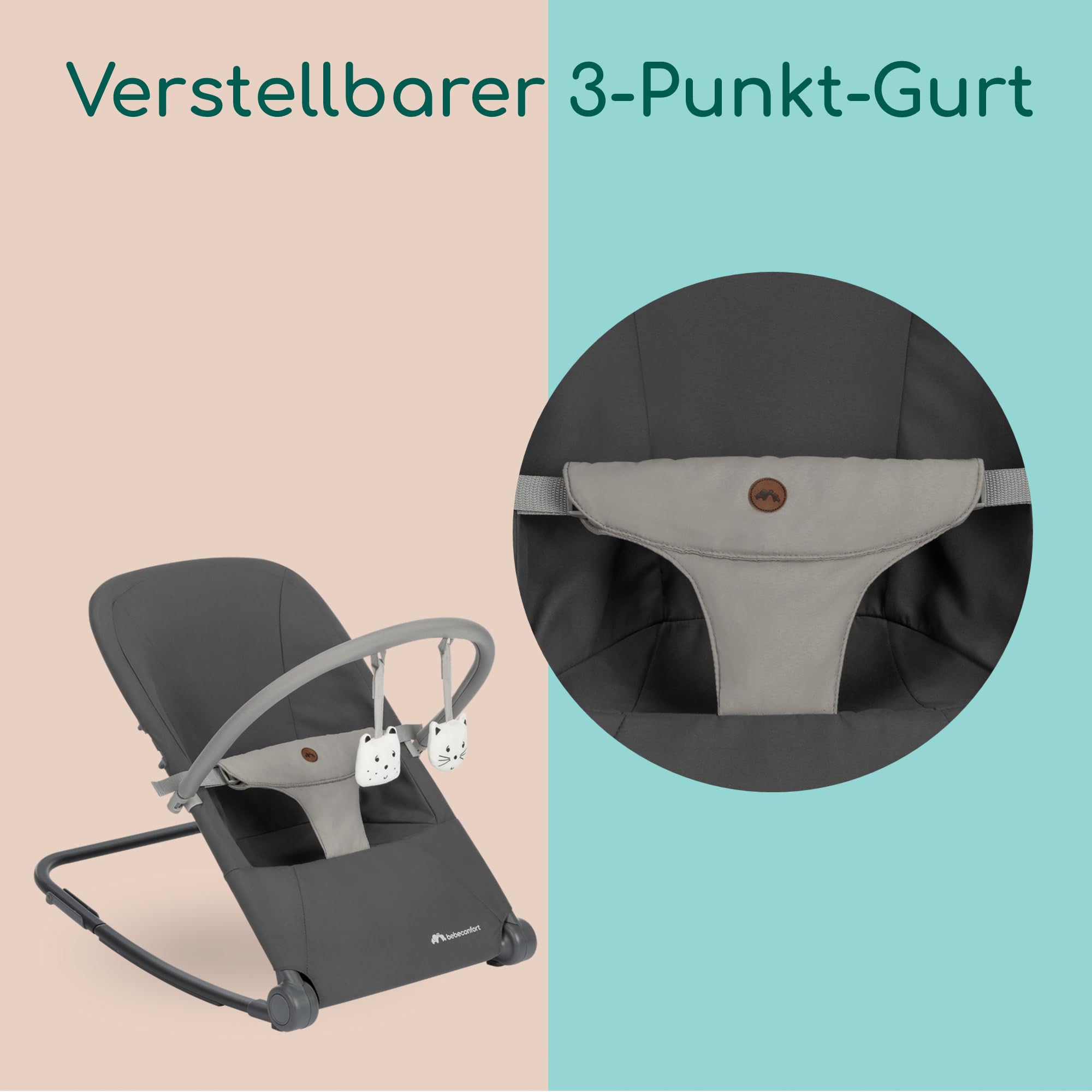 Bebeconfort Aster, Babywippe, 0–2 Jahre, Leichtgewicht (2,7 kg), ultra-kompakt zusammenklappbar, verstellbare Rückenlehne, Polsterkissen, abnehmbarer Spielbogen, 3-Punkt-Gurt, Tinted Graphite