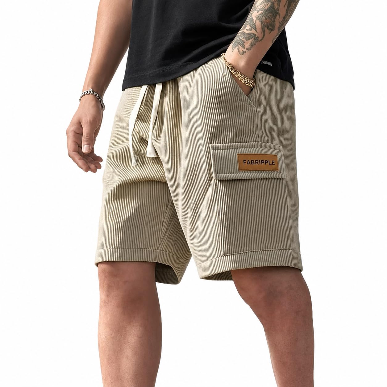DBAX Men's Black Ribbed Cargo Shorts | Textured Corduroy Style Fabric | Elastic Waist with Drawstring | Relaxed Fit Casual Summer Shorts-image-9