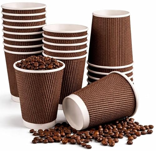 500 x 12oz Ripple Brown Kraft Paper Coffee Cups - Strong 3-PLY Disposable Insulated Coffee Cups - Leak-Proof Recyclable Drinking Cups for Hot Drinks, Tea, Coffee and Beverages
