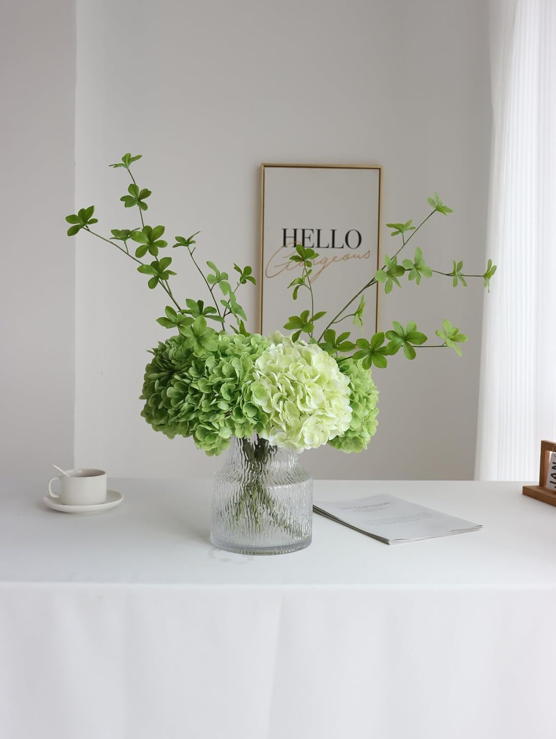 Buart 4PCS Long Stem Big Size Flowers Artificial Silk Hydrangea Lifelike Flowers Real Touch Green Artificial Flowers Wedding Shower Bride Bouquets Office Living Room Table Decorations (21 Inch)