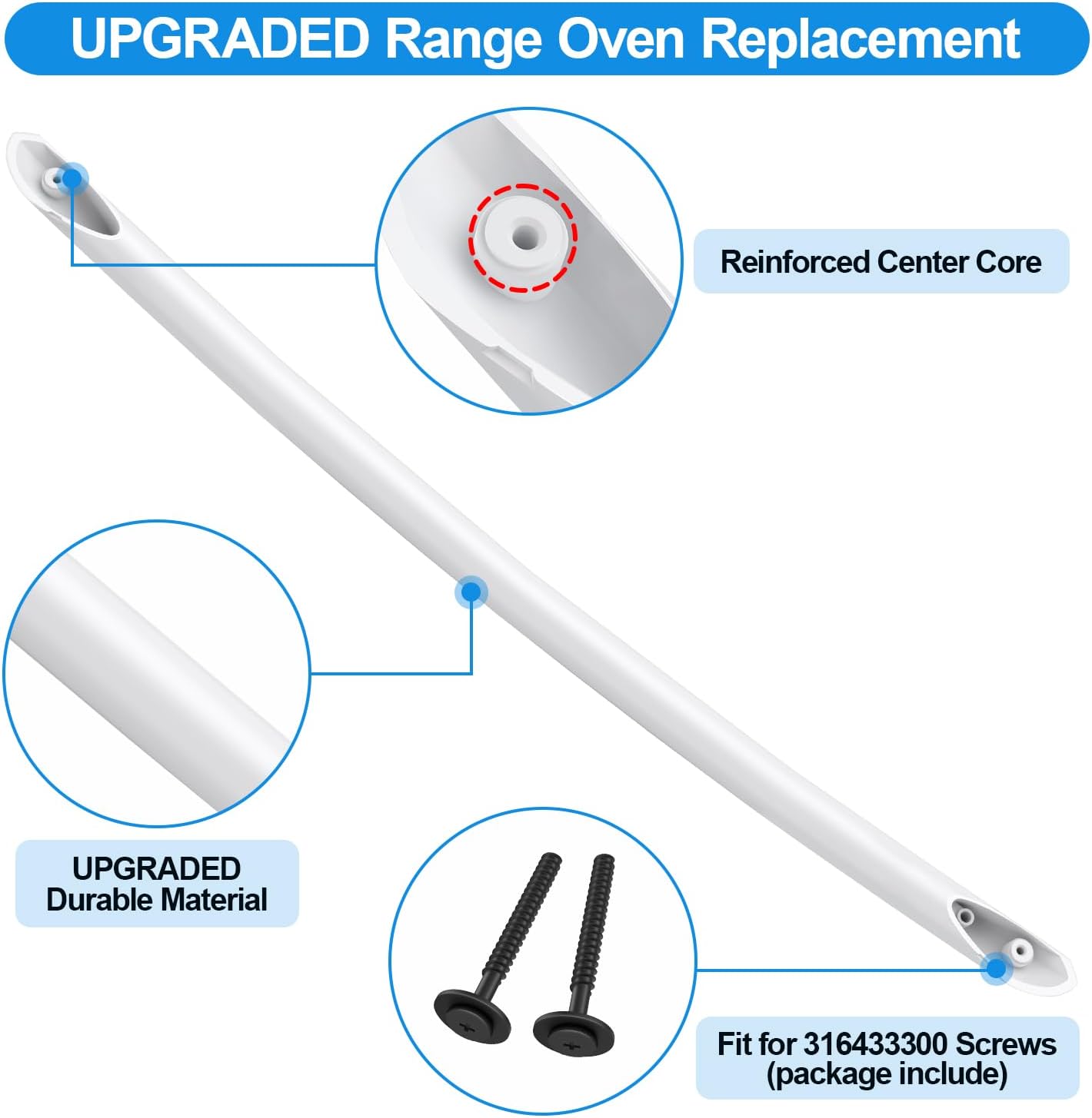 Upgraded 316544501 Oven Handle Replacement Compatible with Electrolux Kenmore Frigidaire Oven Door Handle White,Replaces AP4433289, 1513499,Include 2 Pack 316433300 Frigidaire Stove Door Handle Screws