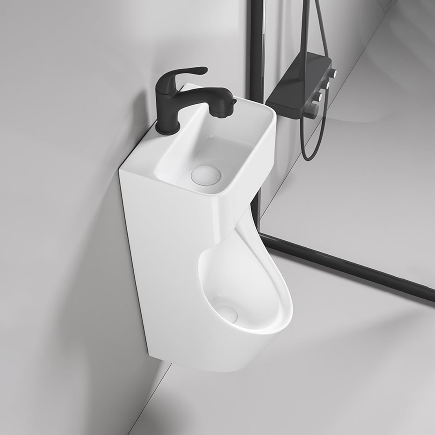 Wall Mounted Ceramic Urinals for Men Spill Proof with Retractable Faucet Commercial Water-Saving Men Urinals with Washbasin for Garage, Shop, Commercial Use(Black,H:74CM/29.1IN)