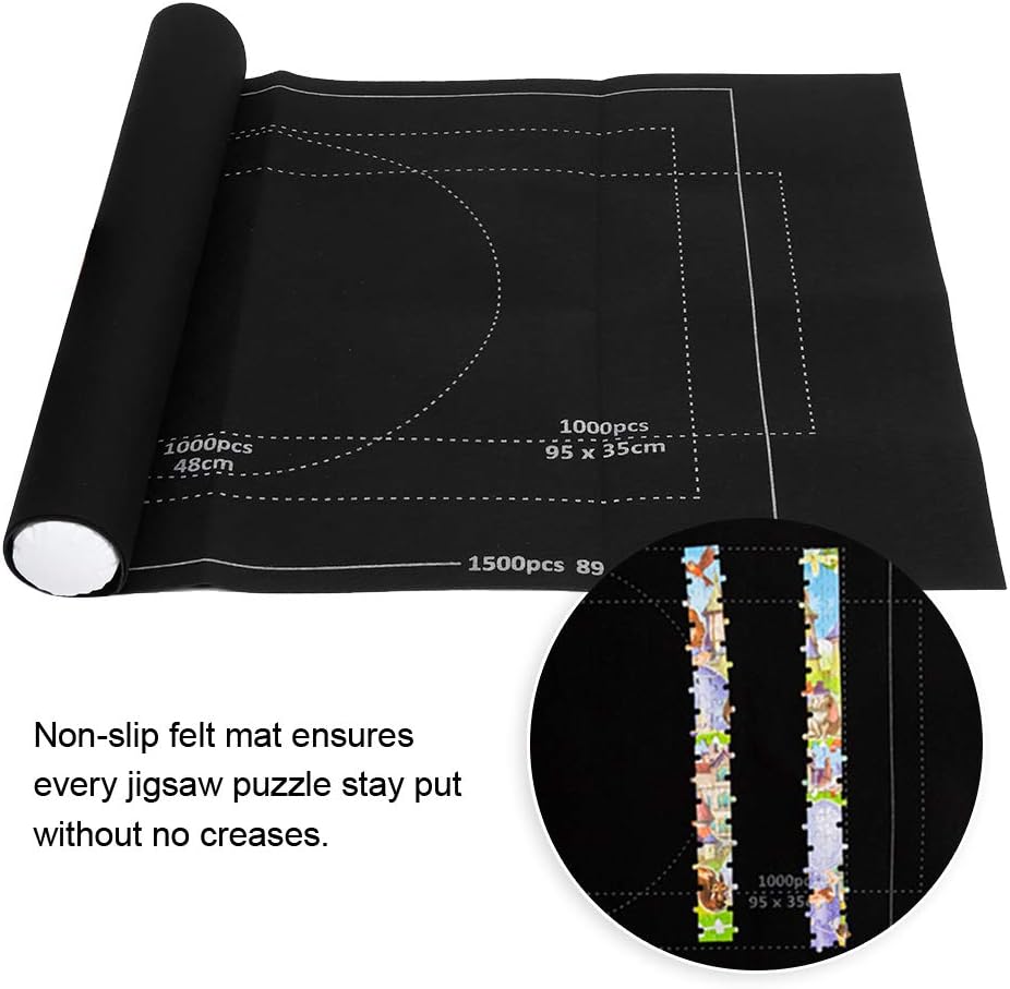 Felt Puzzle Mat for Jigsaw Puzzles up to 1500 Pieces, Roll Up Storage Pad with Inflatable Core and Straps, Black Gray Felt Blanket for Kids Adults Puzzle Enthusiasts (26 * 46 inches)
