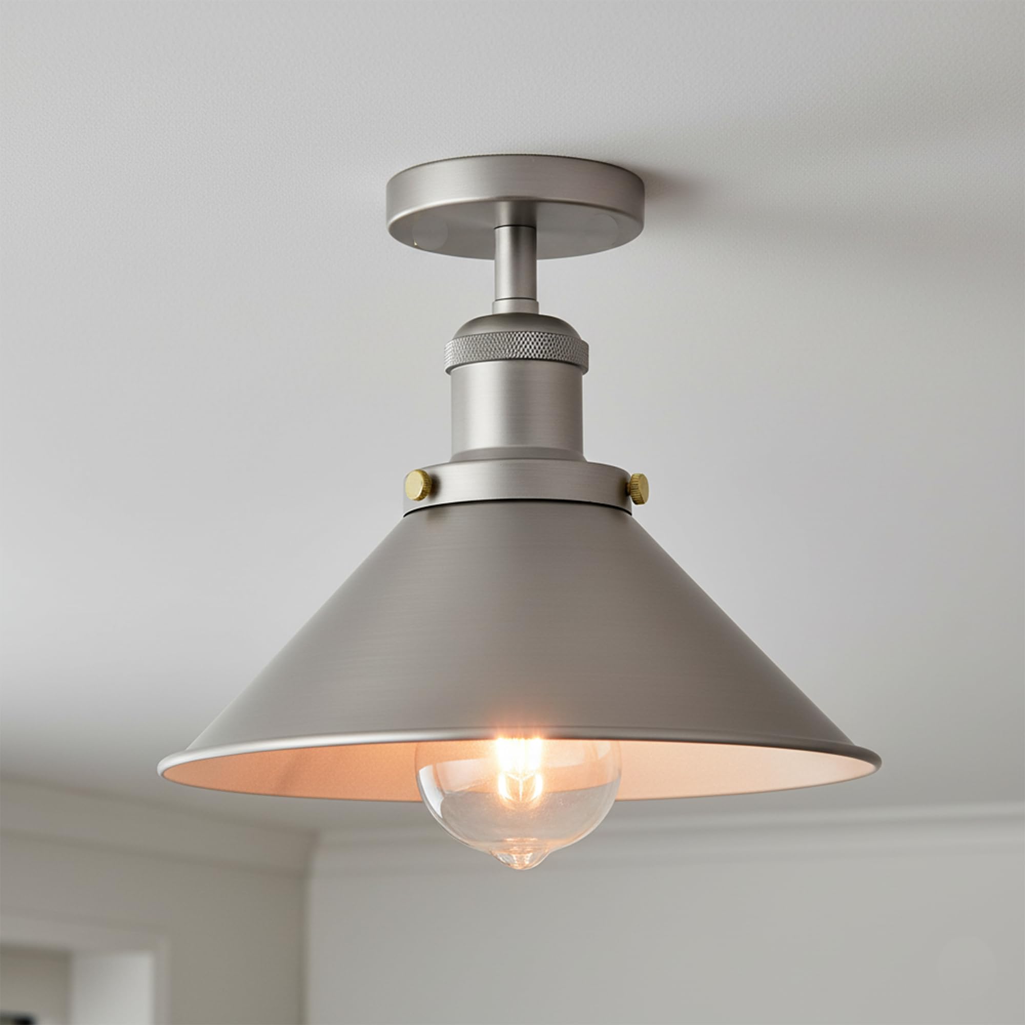 LEDSone Vintage Industrial Semi Flush Mounted Ceiling Lamp Metal E27 Base Holder 22cm Satin Nickel Cone Lampshade Ligfor Living Room Bedroom Without Bulb