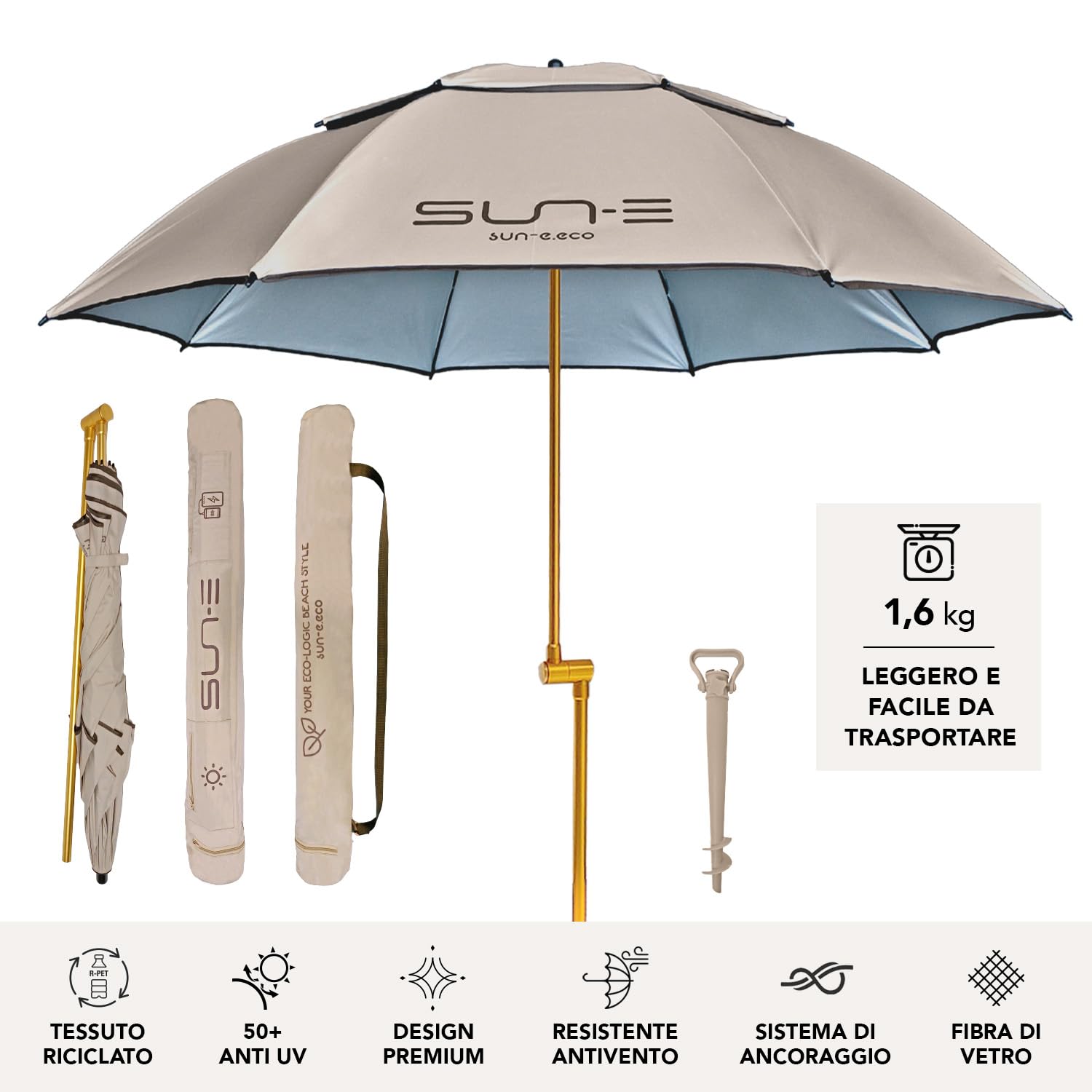 PERLETTI Parasol Plage Jardin Anti UV 50+ - Ombrelle Portable Pliable Protection Résistant au Vent pour Extérieur Vacances Terrasse - Parasol avec Étui et Bandoulière Tarière - Diamètre 165 cm