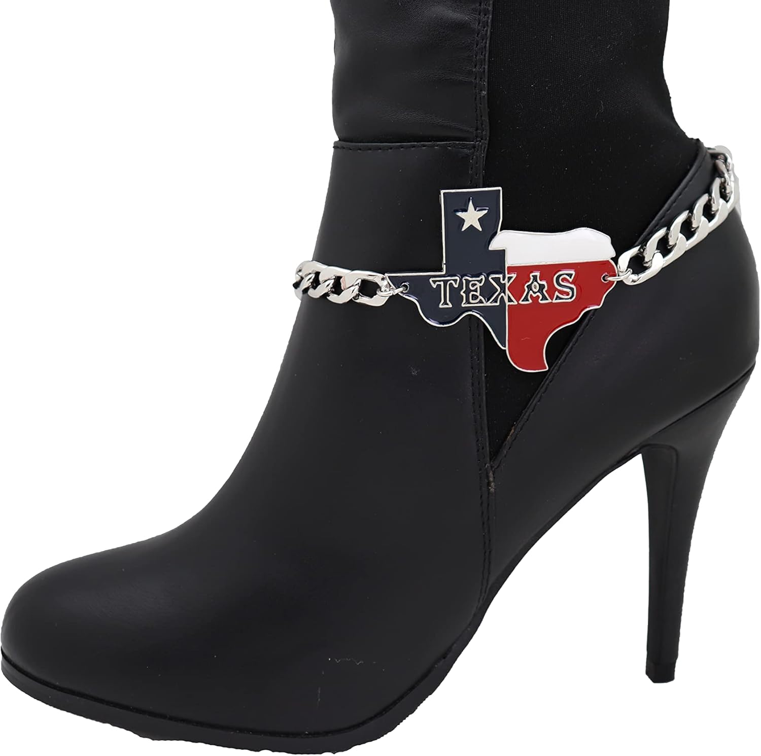 TrendyFashionJewelry Women 2PCS Western Boot Chain Silver Metal Bracelet Anklet Bling Shoe Texas State Map Lone Star Charm SET BC184