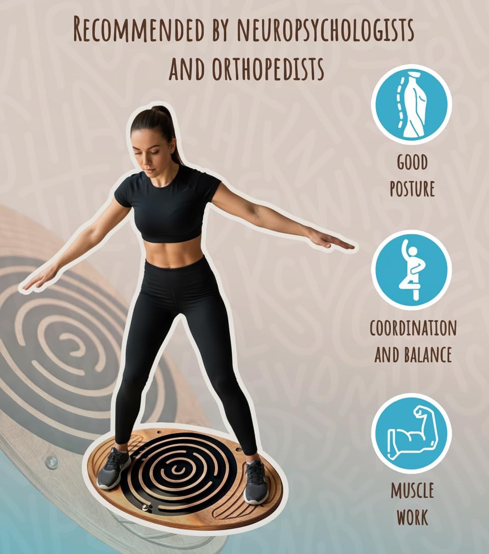 Wooden Balance Board with Labyrinth Maze 23"x14" – Core Strength & Coordination Trainer for Physical Therapy, Fitness & Rehabilitation | Natural Beech Wood, Holds 400 lbs