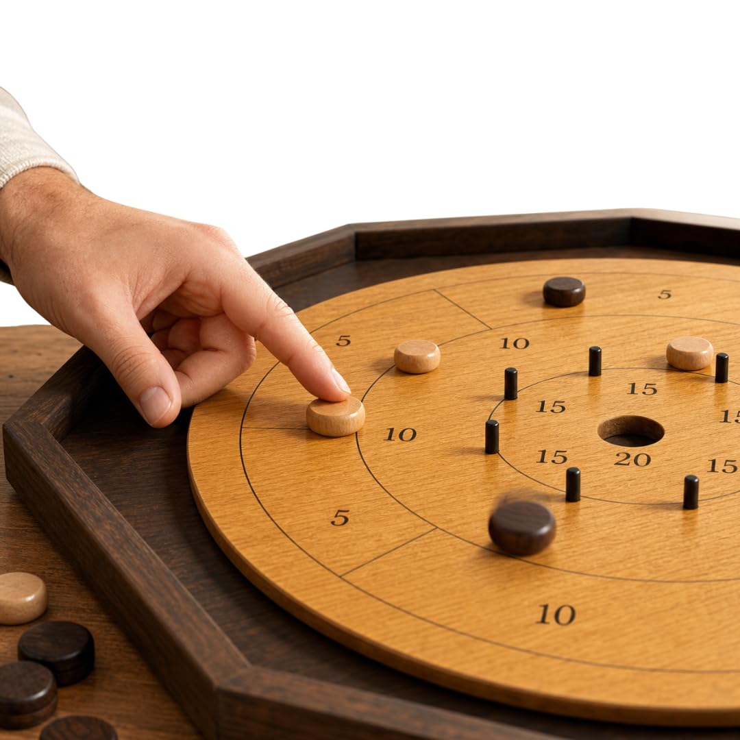 Wicked Wood Games Crokinole Set - Official Wooden Tournament Board Game for 2-4 Players - Complete Set with Board, Discs in 2 Colours, Scoreboard and Instructions - Skill Game