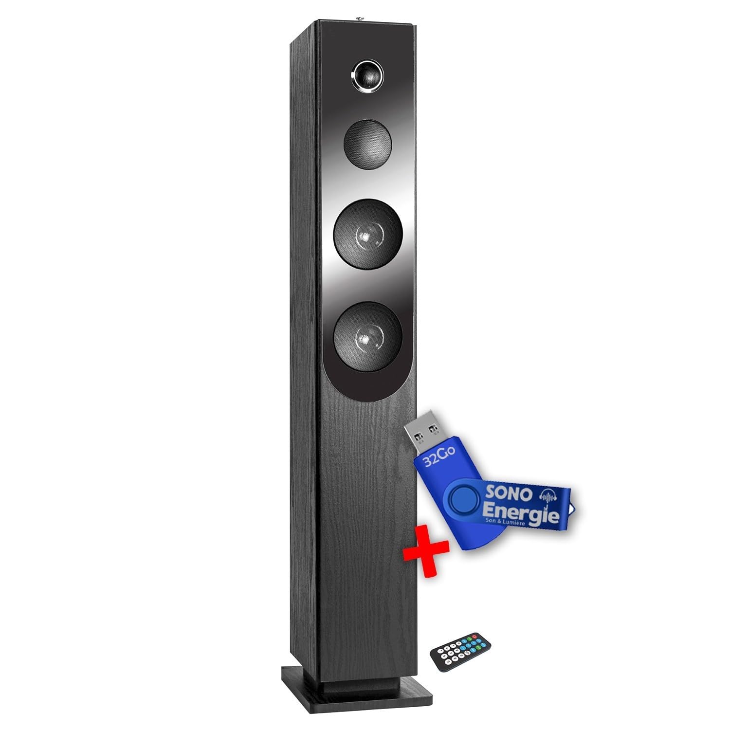 Tour de Son Blacktower+ avec Lecteur CD, Bluetooth, FM et USB, 100W + télécommande + Clé USB 32Go