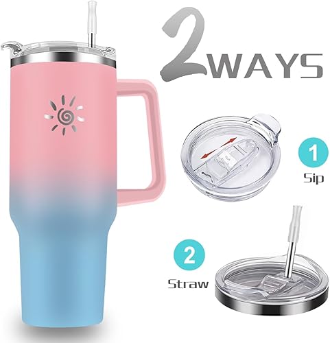 Miniatura 4 de YPNMR Vaso de 40 onzas con asa y tapa con popote, taza de viaje de acero inoxidable aislada al vacío, taza de gran capacidad a prueba de fugas