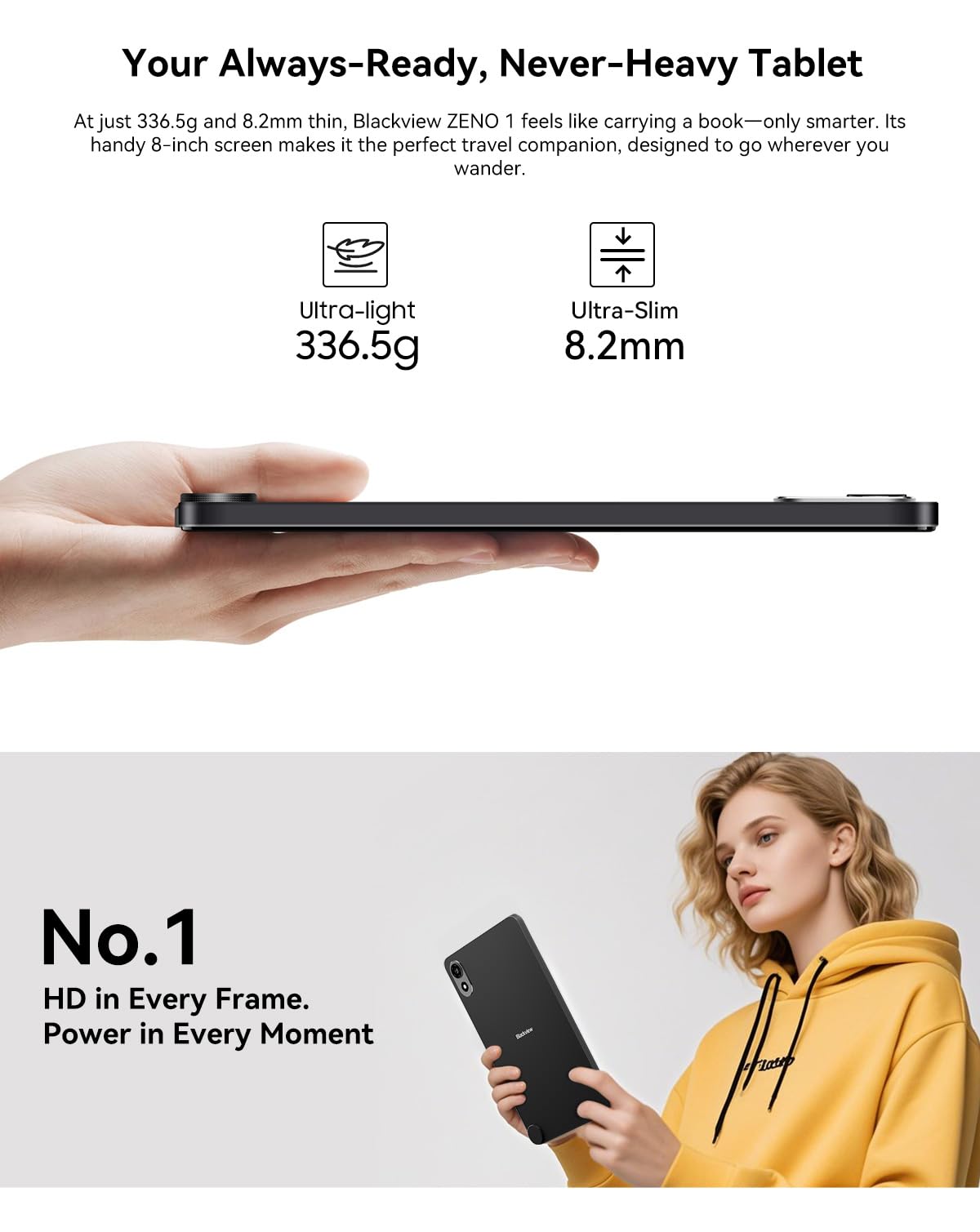 Blackview ZENO 1 Tablet Android 15 AI, 8'' HD+, 18GB+ 256GB(2TB Externa), 3 Asistentes Inteligentes AI, 8.2mm Ultra Delgado, Dual SIM 4G WiFi 5, Cámara 8MP+8MP, Altavoces Dual Box, GPS, Negro