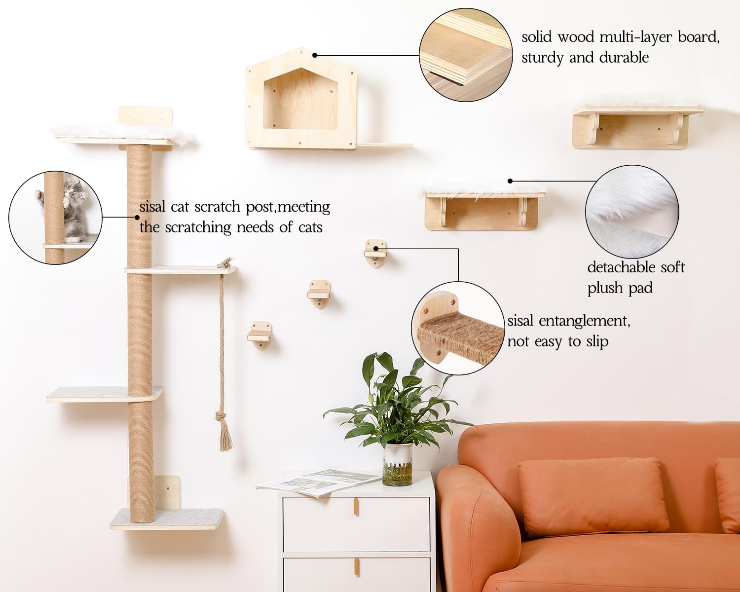 Katzen-Wandregale, Holz, Wandmontage, Katzenmöbel mit 4 Ebenen, 1 Katzenwandhaus, 2 Katzen-Sitzstangen und 3 Wandstufen, Kletterkatzenregale für Wand, große Katzen