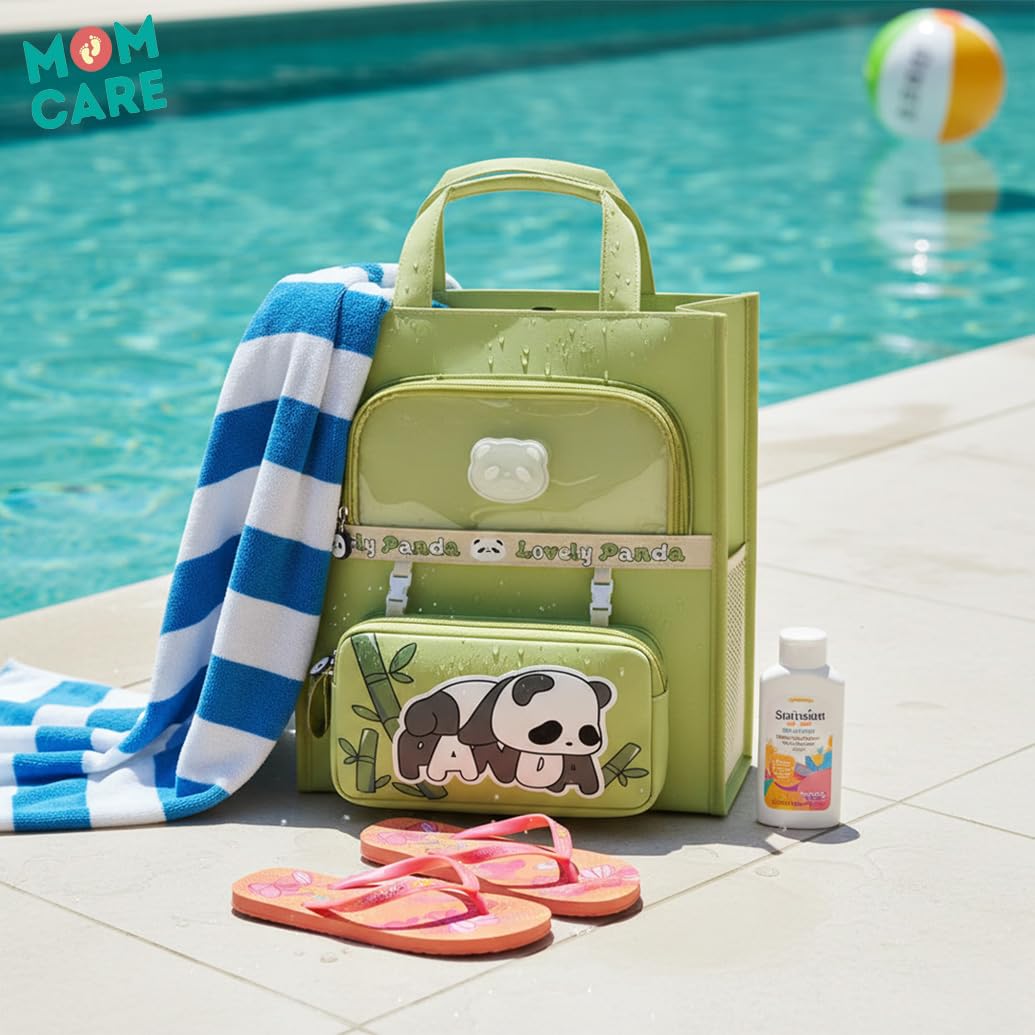 MOM CARE Kids Lunch Bag for School Boys Girls | Cute Panda Insulated Tiffin Bag with Front Pocket | Waterproof Lightweight Multipurpose Tote Bag for Picnic Travel Swimming Daycare | 33 x 33 cm Green 4