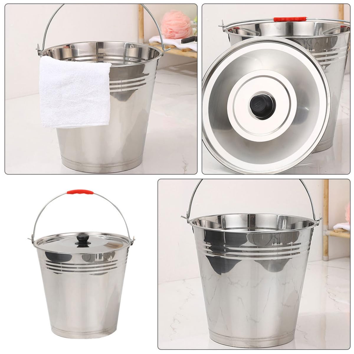 BETOOKY Cubo de Acero Inoxidable 304 con Tapa, Cubo Metálico Grueso 8l Diámetro 28cm para Recogida de Leche y Uso Multiusos en Granja y Hogar