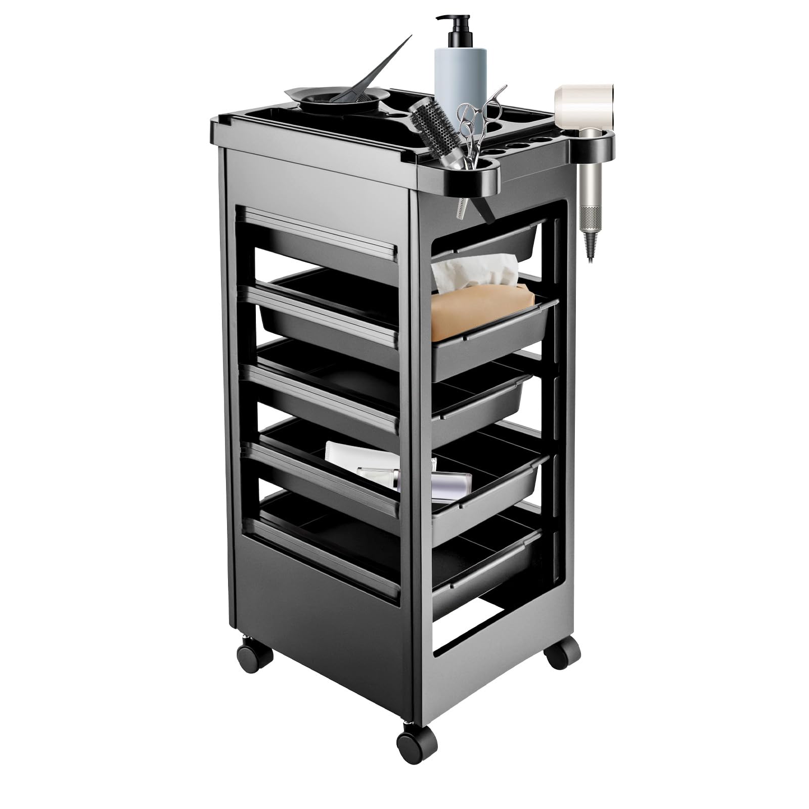 Friseurwagen, Salon Rollwagen mit 5 ausziehbaren Schubladen Friseurwagen für Stylist Friseur Haarstyling, Kosmetikwagen 50*32*81cm, Beauty Salon Trolley, Arbeitswagen Friseurboy, Schwarz