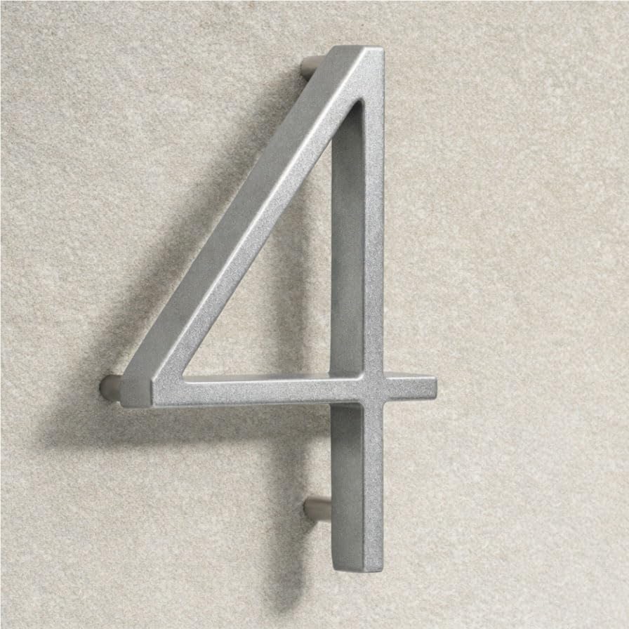 House Signs Direct | Modern Floating 3D Silver Metal House Numbers 5 Inch | Stylish Front Door Numbers with Waterproof Zinc Alloy Finish | Easy Install Door Number Sign for Wall or Gate - Number 4