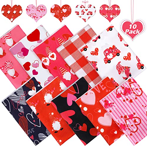 10 Pieces Valentine's Day Fabric Valentine Fat Quarters Love Heart Print Fabric Squares Patchwork Fabric Checkered Plaid White Red Fabric Sweet Sewing Quilt Fabric for Holiday Craft 19.7 x 19.7 Inch