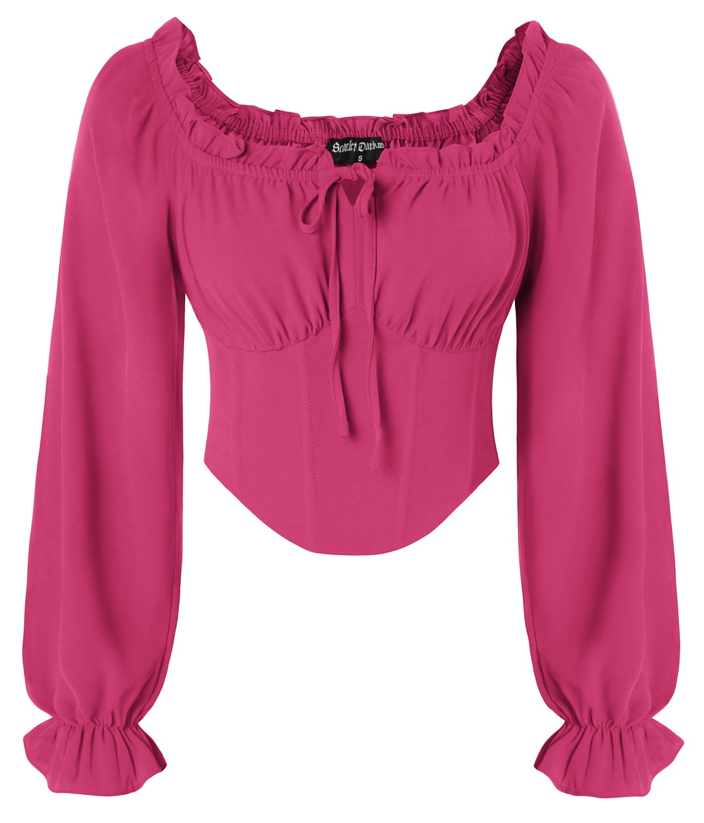 SCARLET DARKNESS Women's Bright Pink Corset Top Long Lantern Sleeve Blouse Smocked Shirts Square Collar Medieval Crop Top S