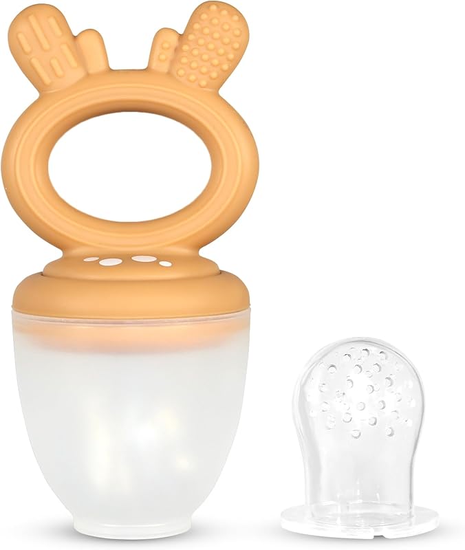 RaZbaby Chupete alimentador de sólidos y frutas congeladas para bebés, juguete mordedor para bebés de 6 meses en adelante, bolsa y tetina de silicona sin BPA, introducción segura de sólidos, alivio natural de la dentición, apto para lavavajillas, congelable - Ciervo