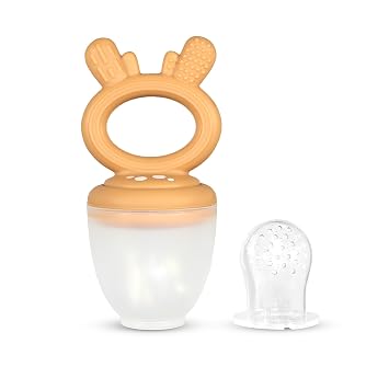 RaZbaby Baby Solids & Frozen Fruit Feeder Pacifier, Infant Teether Toy 6M+, BPA-Free Silicone Pouch & Nipple, Safely Introduce Solids, Natural Teething Relief, Dishwasher Safe, Freezable Deer