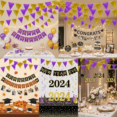 64ft Purple Gold Triangle Pennant Banner Flag Metallic Paper Bunting Garland for Hanging Backdrop Birthday Party Decorations Graduation Bachelorette Bridal Wedding Baby Shower Party Supplies
