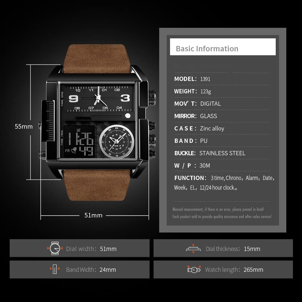 Gosasa Men Square Large Face Digital Sports Watch,LED Analog Quartz Wrist Watch with Multi-Time Zone 50M Waterproof Stopwatch