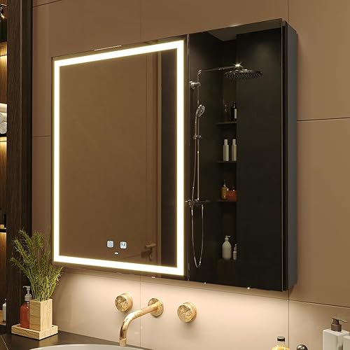 KWW Botiquín de baño con luces LED de 30 x 28 pulgadas, desempañador, regulable, espejo de maquillaje con luz de 3 colores, tomas de corriente y