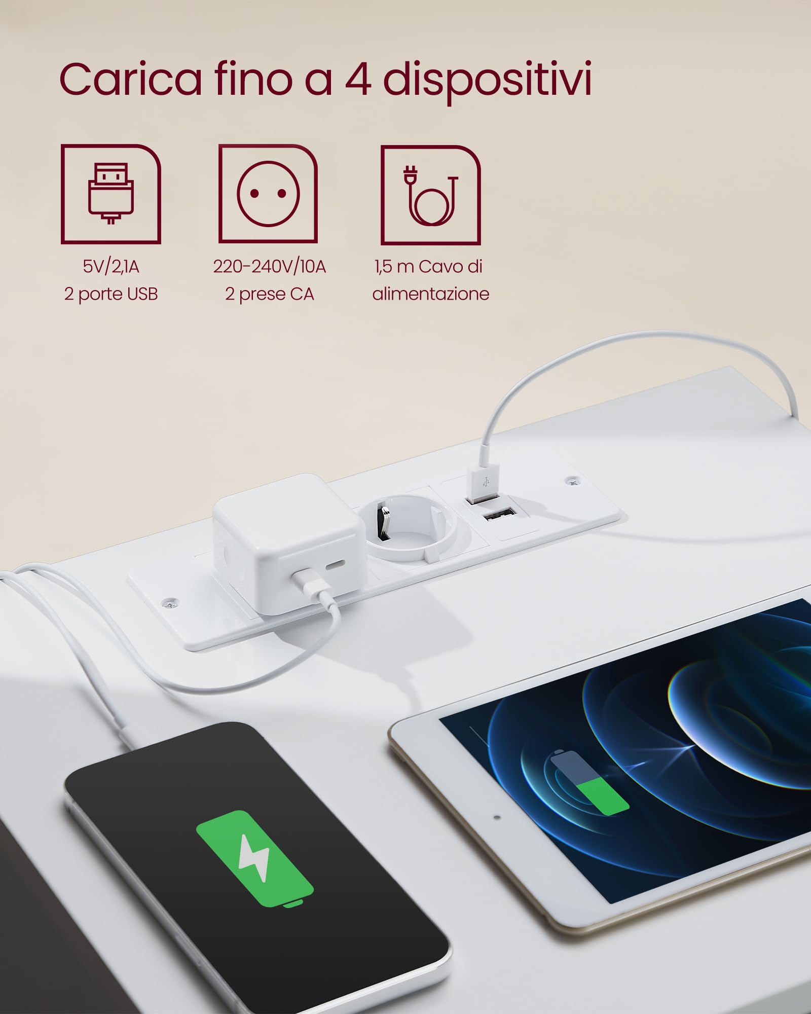 VASAGLE KAILYN Collezione - Comodino con Stazione di Ricarica, Set di 2, con 3 Cassetti, 2 Prese AC 2 Porte USB, per Soggiorno, Camera da Letto, Studio, Bianco Nuvola LET831W14