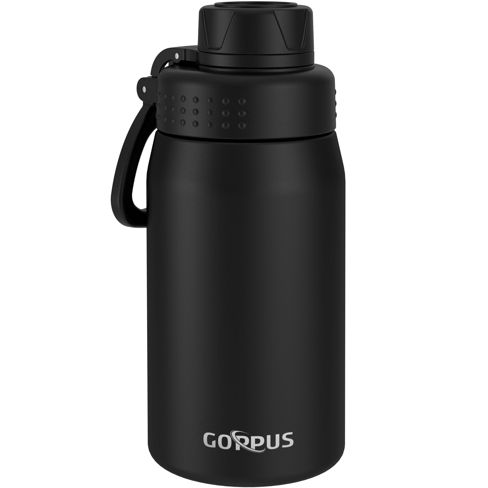 GOPPUS 420ml/15oz Kids Insulated Water Bottle with Screw Lid (No Straw) Stainless Steel Toddler Bottle School Flask Girls Boys Drinks Cup with Handle & Leakproof & Keep Drinks Cold (Black)