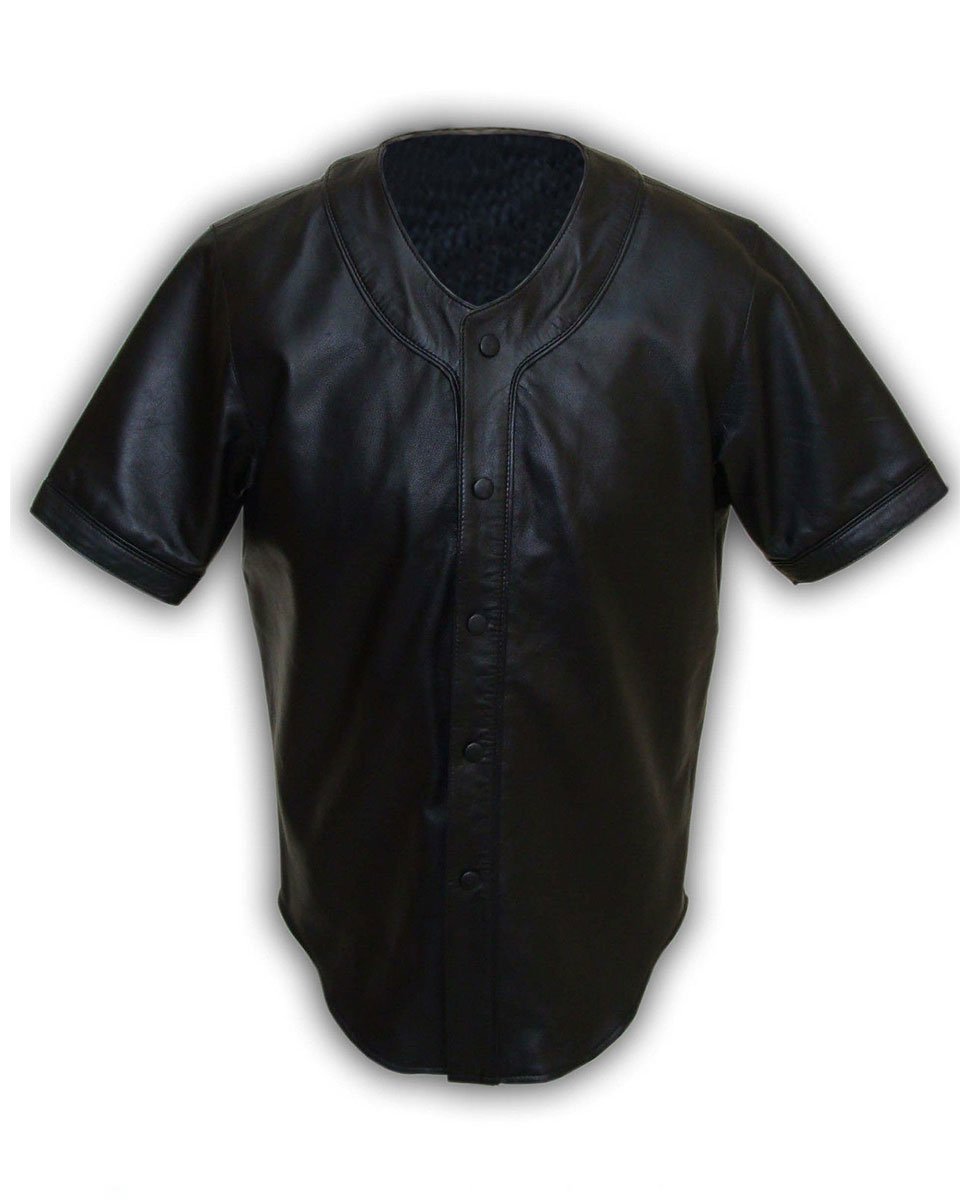Mens Real Soft Sheep Nappa Black Leather Base Ball Jersey Shirt